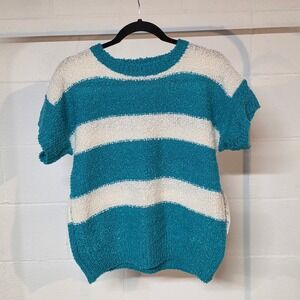 Vintage Career Club Teal White Striped Boucle Short Sleeve Sweater L78362
